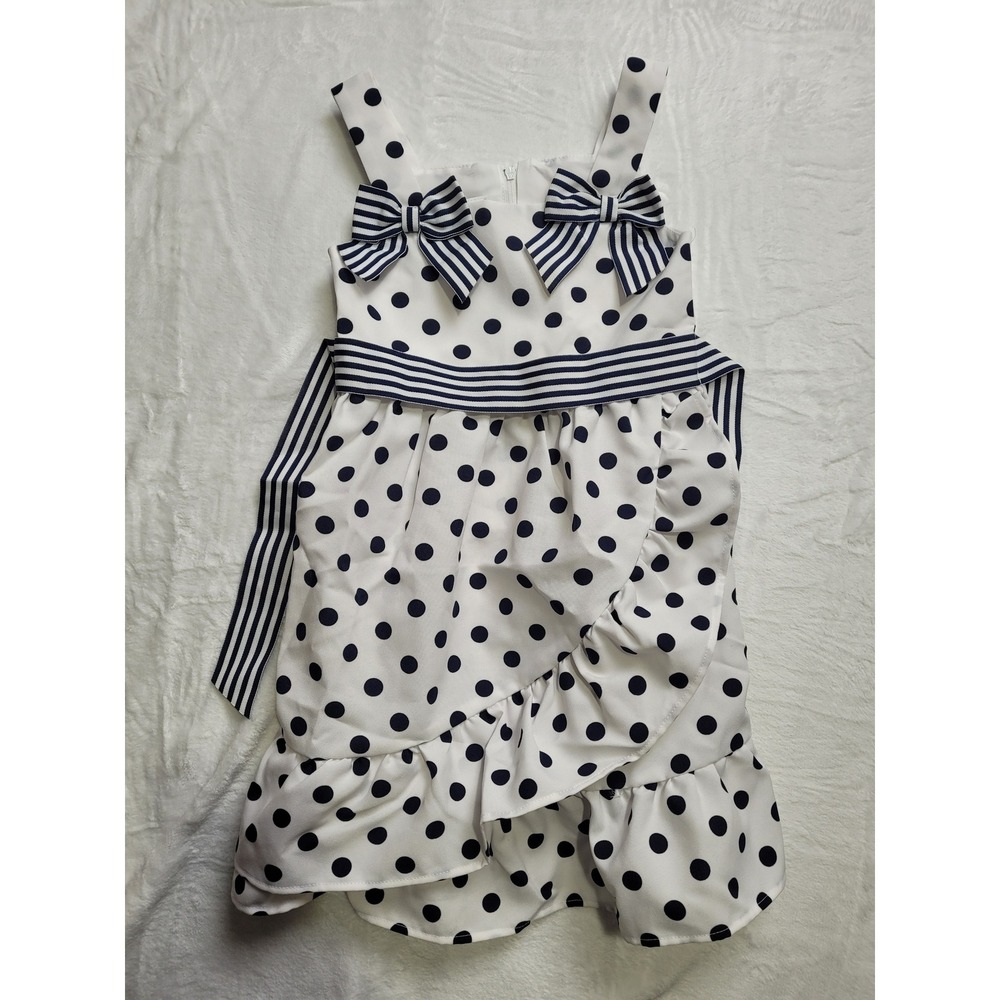 Bonnie Jean Polka Dot Dress Girls 5 White Navy Blue  Bow Ruffle Nautical